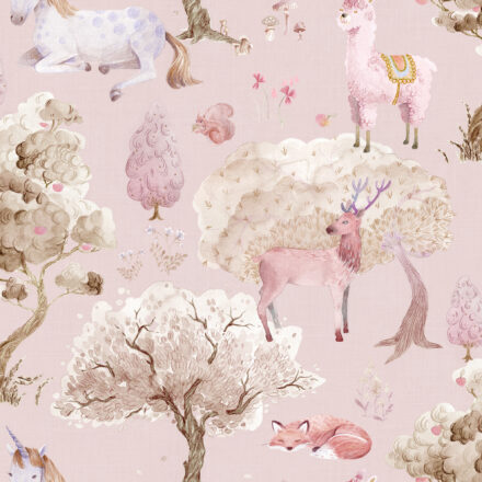 rózsaszín gyerek tapéta erdei állatokkal