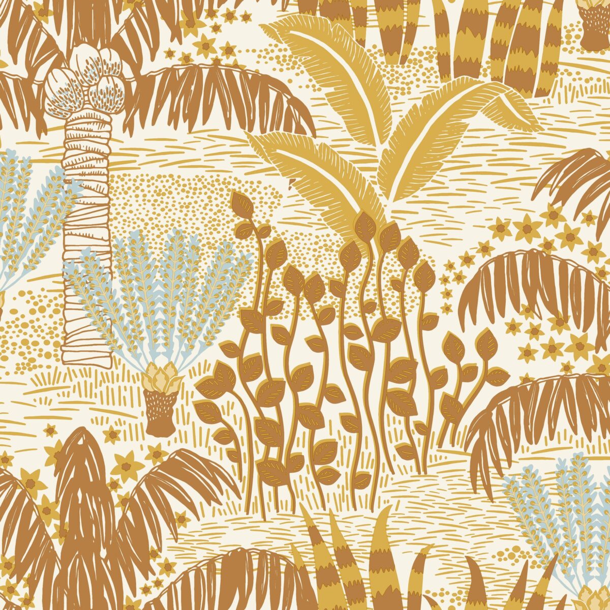 Sárga - kék dzsungel mintás Caselio tapéta