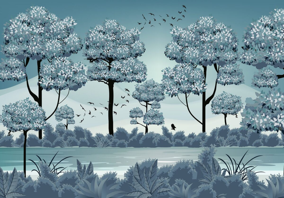Vlies fotótapéta kék rajzolt fákkal