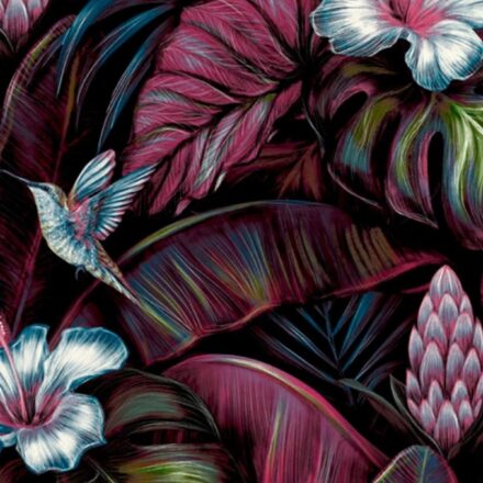 Egzotikus stílusú vinyl tapéta kolibri madárral lila – bordó árnyalatban