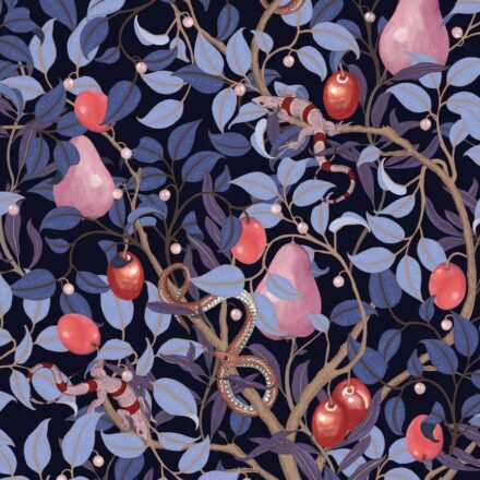 Lila skandináv design tapéta gyümölcsökkel és hüllőkkel