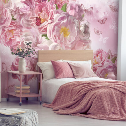Rózsaszín romantikus fotótapéta virágokkal és lepkékkel