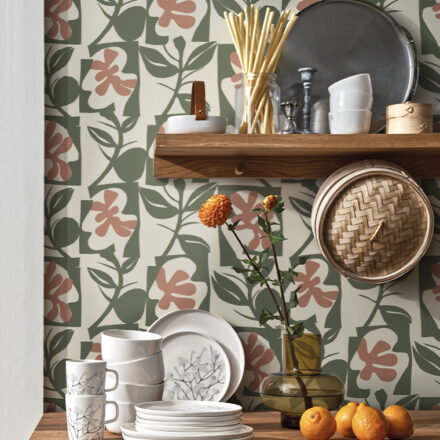 Zöld – rózsaszín Marimekko design tapéta modern grafikával